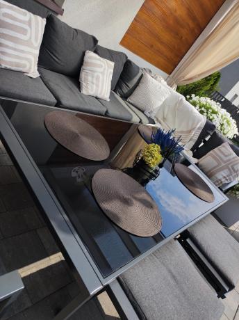 Grafitowy zestaw mebli ogrodowych z narożnikiem i dwoma fotelami Sodor Corner XL - Dark Grey