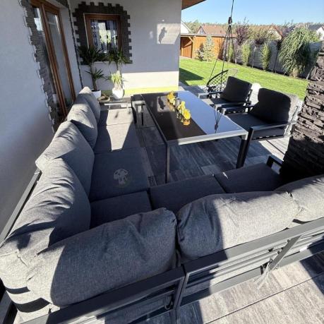 Grafitowy zestaw mebli ogrodowych z narożnikiem i dwoma fotelami Sodor Corner XL - Dark Grey