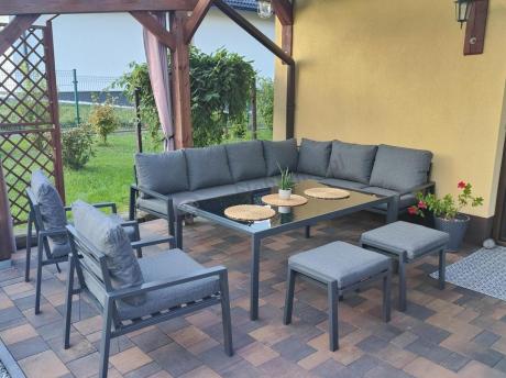 Grafitowy zestaw mebli ogrodowych z narożnikiem i dwoma fotelami Sodor Corner XL - Dark Grey