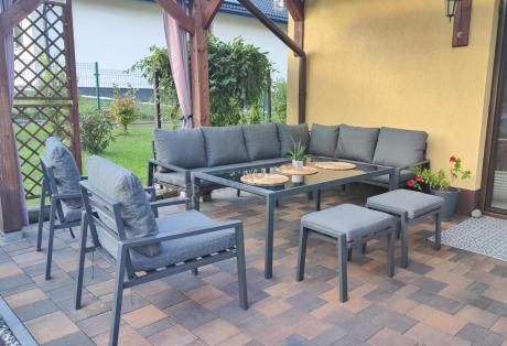 Grafitowy zestaw mebli ogrodowych z narożnikiem i dwoma fotelami Sodor Corner XL - Dark Grey