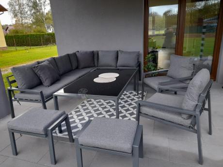 Grafitowy zestaw mebli ogrodowych z narożnikiem i dwoma fotelami Sodor Corner XL - Dark Grey
