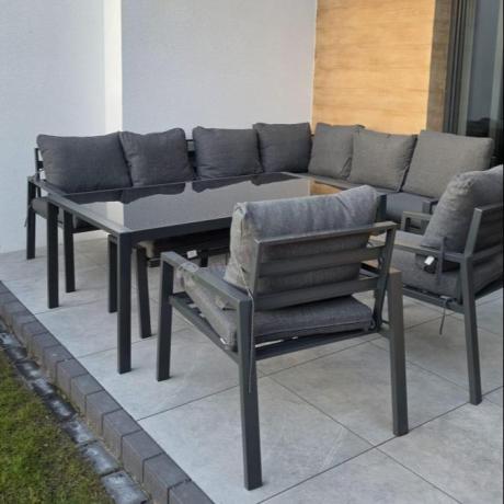 Grafitowy zestaw mebli ogrodowych z narożnikiem i dwoma fotelami Sodor Corner XL - Dark Grey
