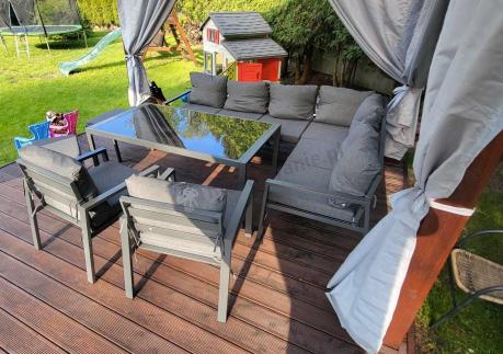 Grafitowy zestaw mebli ogrodowych z narożnikiem i dwoma fotelami Sodor Corner XL - Dark Grey