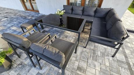 Grafitowy zestaw mebli ogrodowych z narożnikiem i dwoma fotelami Sodor Corner XL - Dark Grey