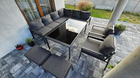 Grafitowy zestaw mebli ogrodowych z narożnikiem i dwoma fotelami Sodor Corner XL - Dark Grey