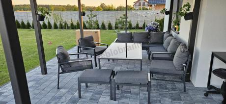 Grafitowy zestaw mebli ogrodowych z narożnikiem i dwoma fotelami Sodor Corner XL - Dark Grey