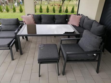 Grafitowy zestaw mebli ogrodowych z narożnikiem i dwoma fotelami Sodor Corner XL - Dark Grey