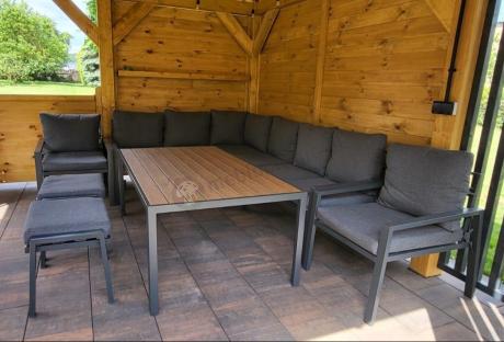 Grafitowy zestaw mebli ogrodowych z narożnikiem i dwoma fotelami Sodor Corner XL - Dark Grey Polywood