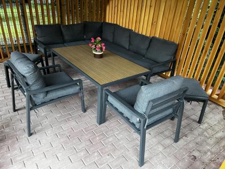 Grafitowy zestaw mebli ogrodowych z narożnikiem i dwoma fotelami Sodor Corner XL - Dark Grey Polywood