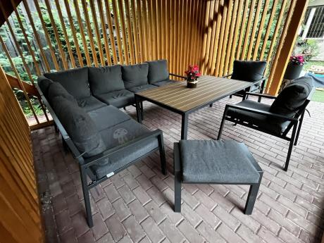 Grafitowy zestaw mebli ogrodowych z narożnikiem i dwoma fotelami Sodor Corner XL - Dark Grey Polywood