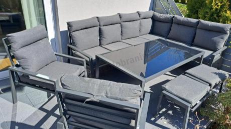 Grafitowy zestaw mebli ogrodowych z narożnikiem i dwoma fotelami wysoki stół Doros Corner XL - Dark Grey