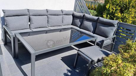 Grafitowy zestaw mebli ogrodowych z narożnikiem i dwoma fotelami wysoki stół Doros Corner XL - Dark Grey
