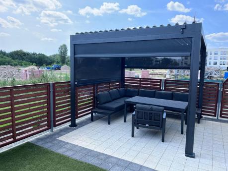 Grafitowy zestaw mebli z narożnikiem i wysokim stołem Calamba Corner XL
