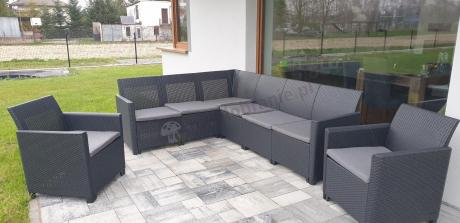 Grafitowy zestaw narożny 172 x 222 cm, z dwoma fotelami i skrzynią ze schowkiem