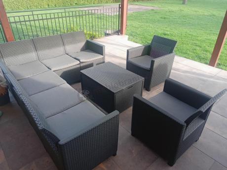 Grafitowy zestaw narożny 172 x 222 cm, z dwoma fotelami i skrzynią ze schowkiem