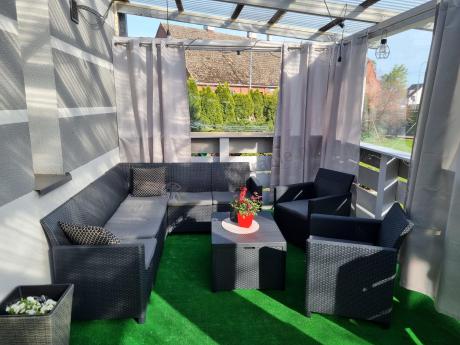 Grafitowy zestaw narożny 172 x 222 cm, z dwoma fotelami i skrzynią ze schowkiem