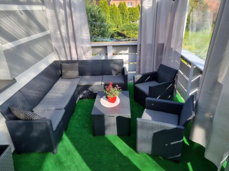 Grafitowy zestaw narożny 172 x 222 cm, z dwoma fotelami i skrzynią ze schowkiem