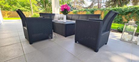 Grafitowy zestaw narożny 172 x 222 cm, z dwoma fotelami i skrzynią ze schowkiem