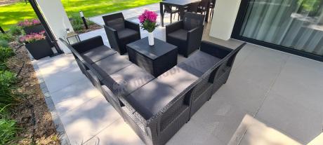 Grafitowy zestaw narożny 172 x 222 cm, z dwoma fotelami i skrzynią ze schowkiem