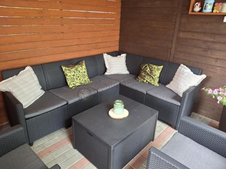 Grafitowy zestaw narożny 172 x 222 cm, z dwoma fotelami i skrzynią ze schowkiem