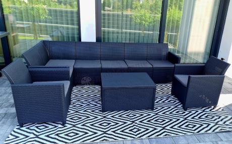 Grafitowy zestaw narożny 172 x 222 cm, z dwoma fotelami i skrzynią ze schowkiem