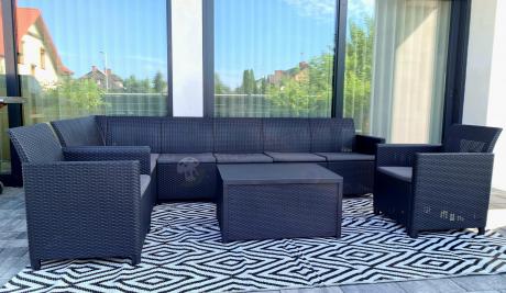 Grafitowy zestaw narożny 172 x 222 cm, z dwoma fotelami i skrzynią ze schowkiem