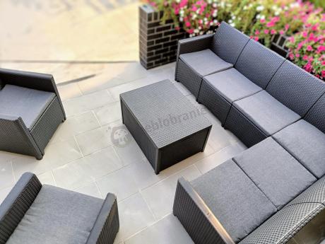 Grafitowy zestaw narożny 172 x 222 cm, z dwoma fotelami i skrzynią ze schowkiem