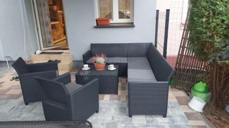 Grafitowy zestaw narożny 172 x 222 cm, z dwoma fotelami i skrzynią ze schowkiem