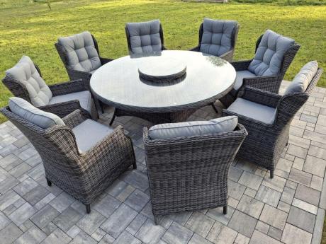Grafitowy zestaw technorattanowy z okrągłym stołem 8+1 Laritto