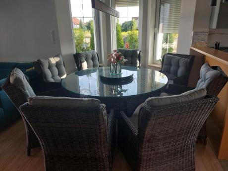 Grafitowy zestaw technorattanowy z okrągłym stołem 8+1 Laritto