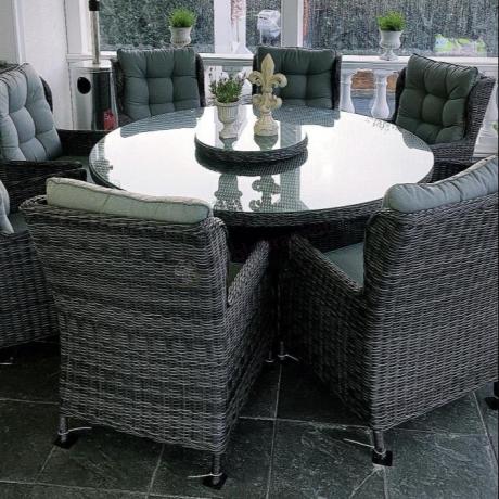 Grafitowy zestaw technorattanowy z okrągłym stołem 8+1 Laritto