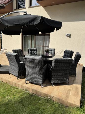 Grafitowy zestaw technorattanowy z okrągłym stołem 8+1 Laritto