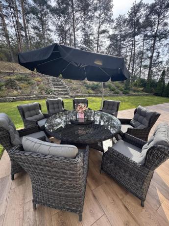 Grafitowy zestaw technorattanowy z okrągłym stołem 8+1 Laritto