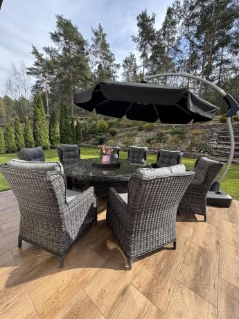 Grafitowy zestaw technorattanowy z okrągłym stołem 8+1 Laritto