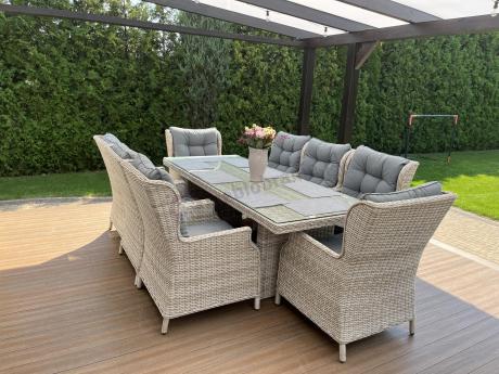 Jasne technorattanowe meble obiadowe na taras - stół + 8 foteli Laritto - Creme