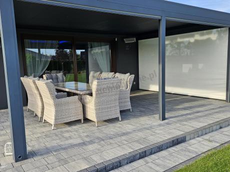 Jasne technorattanowe meble obiadowe na taras - stół + 8 foteli Laritto - Creme