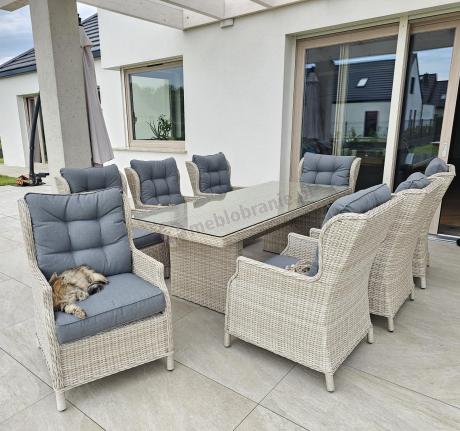 Jasne technorattanowe meble obiadowe na taras - stół + 8 foteli Laritto - Creme