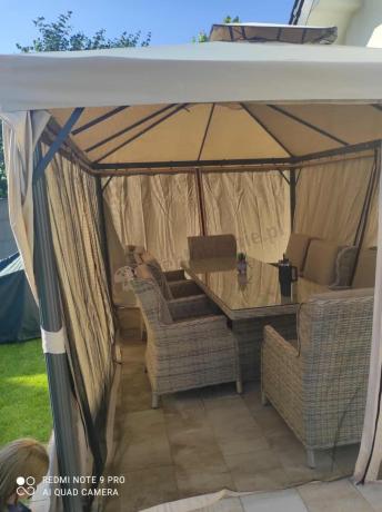 Jasne technorattanowe meble obiadowe na taras - stół 220cm + 8 foteli Laritto - Beige