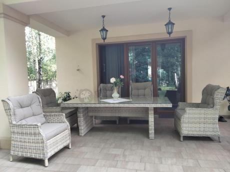 Jasne technorattanowe meble obiadowe na taras - stół 220cm + 8 foteli Laritto - Beige