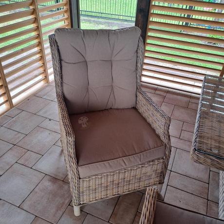 Jasne technorattanowe meble obiadowe na taras - stół 220cm + 8 foteli Laritto - Beige