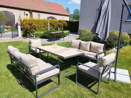 Jasny komplet mebli metalowych na taras dla 8 osób - Panaon Grande WB