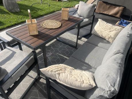 Komplet mebli metalowych do ogrodu dla 7 osób ze stołem obiadowym - Panaon Dining Light Grey