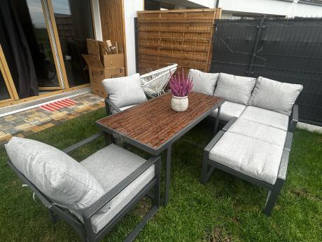 Komplet mebli metalowych do ogrodu dla 7 osób ze stołem obiadowym - Panaon Dining Light Grey