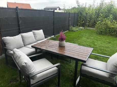 Komplet mebli metalowych do ogrodu dla 7 osób ze stołem obiadowym - Panaon Dining Light Grey