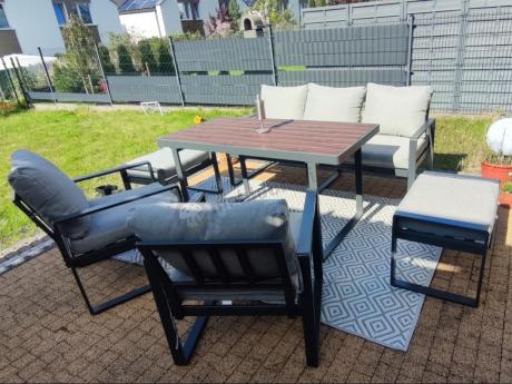 Komplet mebli metalowych do ogrodu dla 7 osób ze stołem obiadowym - Panaon Dining Light Grey