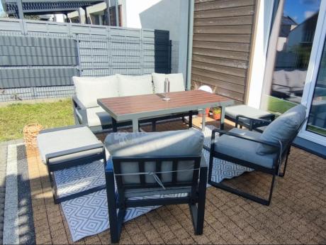 Komplet mebli metalowych do ogrodu dla 7 osób ze stołem obiadowym - Panaon Dining Light Grey