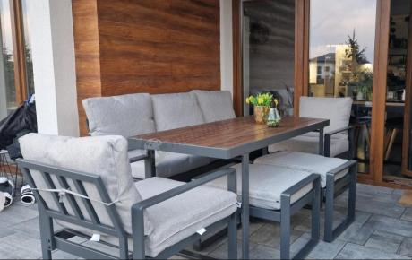 Komplet mebli metalowych do ogrodu dla 7 osób ze stołem obiadowym - Panaon Dining Light Grey