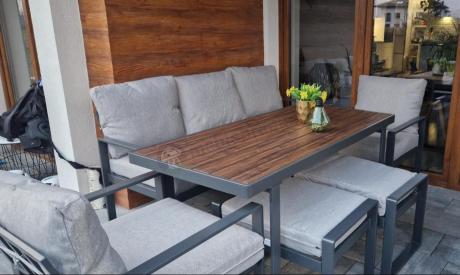 Komplet mebli metalowych do ogrodu dla 7 osób ze stołem obiadowym - Panaon Dining Light Grey