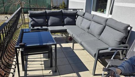 Komplet mebli na taras - narożnik 184x239cm, 2 pufy, stół 120cm - Doros Corner XL - Dark Grey