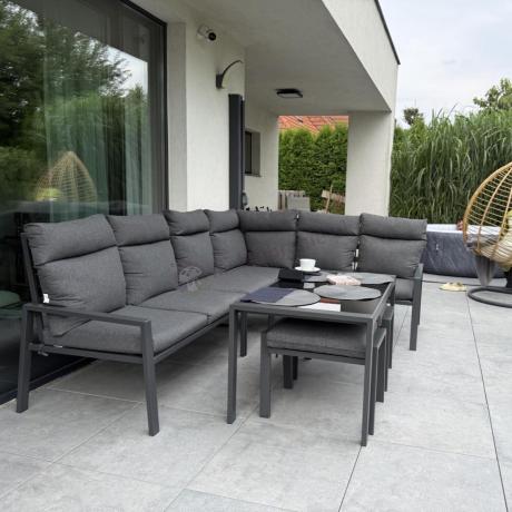 Komplet mebli na taras - narożnik 184x239cm, 2 pufy, stół 120cm - Doros Corner XL - Dark Grey